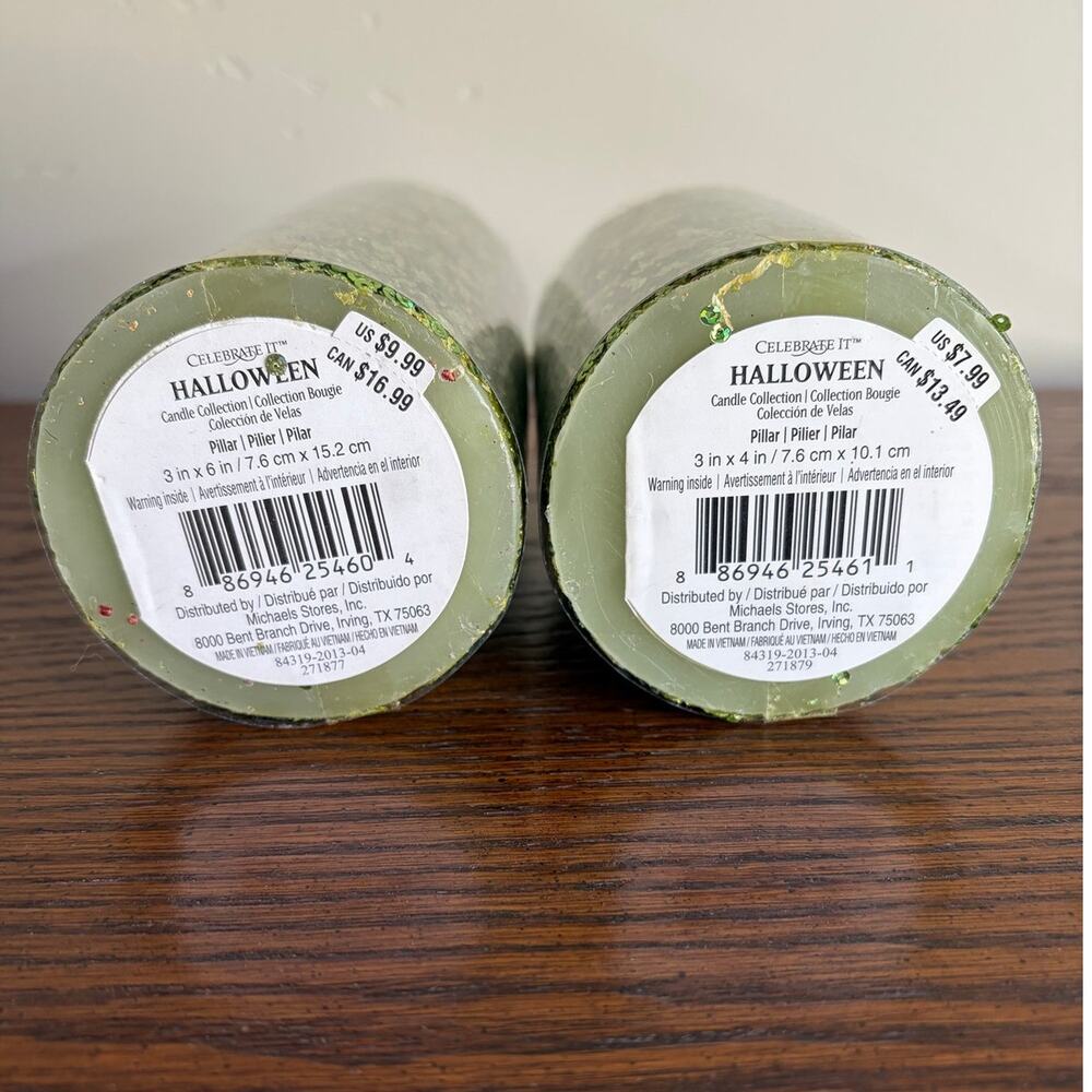 Celebrate It Sequin Shiny Green Decorative Halloween Pillar Candles 2PK - Picture 4 of 4